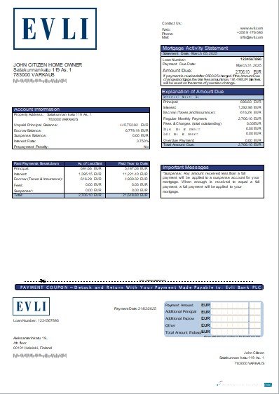Download Finland Evli Bank PLC bank mortgage statement scr Photoshop template
